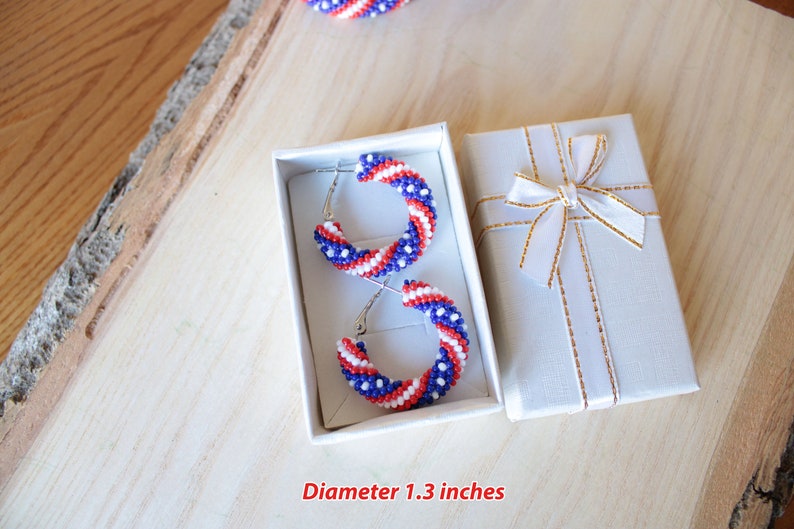 4th Of July Earrings - Handmade American Flag Beaded Drop Earrings, Red White & Blue, Patriotic Jewelry - View #13