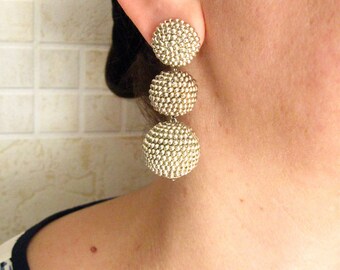 Silver Bon Bon Earrings Clips/Studs, Beaded Balls Silver Earrings, Silver Balls Drop Earrings, Silver Bon Bon, Beaded Earrings