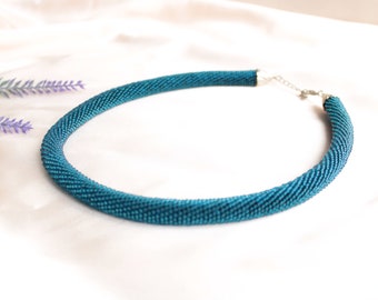 Blue Sapphirine Necklace, Blue Beaded Necklace, Deep Blue Seed Bead Necklace, Beaded Cobalt Blue Necklace, Long Blue Choker