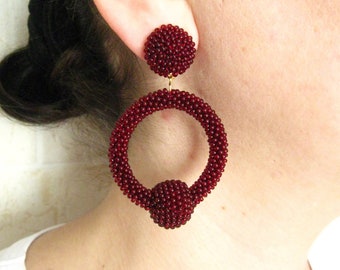 Bordeaux Hoop Earrings on Studs or Clips, Beaded Bordeaux La La Hoop Earrings, Seed Bead Hoop Bordeaux Earrings, Burgundy Hoop Earrings