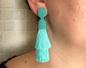 Tiered Silk Turquoise Tassel Earrings Studs/Clips, Double Silk Tassel, Silk Beaded Turquoise Tassel Earrings, Turquoise Silk Tassel