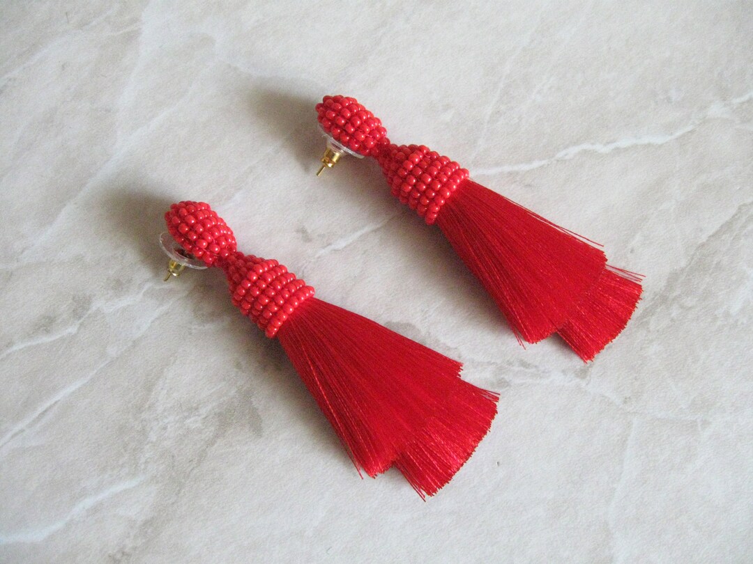Tiered Silk Beaded Red Tassel Earrings Studs/clips, Double Tier Silk