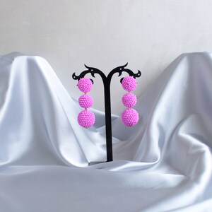 Deep Pink Bon Bon Earrings Clips/Studs, Beaded Balls Fuchsia Earrings, Hot Pink Ball Drop Earrings, Round Bauble Earrings, Beaded Earrings image 6