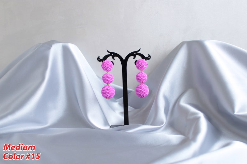 Deep Pink Bon Bon Earrings Clips/Studs, Beaded Balls Fuchsia Earrings, Hot Pink Ball Drop Earrings, Round Bauble Earrings, Beaded Earrings image 6