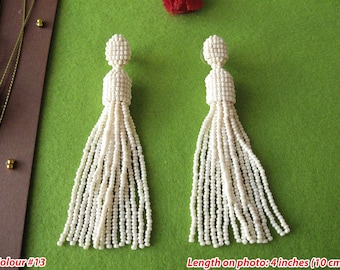 Beaded Ivory Tassel Earrings Studs/Clips, Ivory Earrings, Pearl Beaded Tassel, Ivory Tassel On Clips, Pearl Tassel, Ivory Beaded Tassel