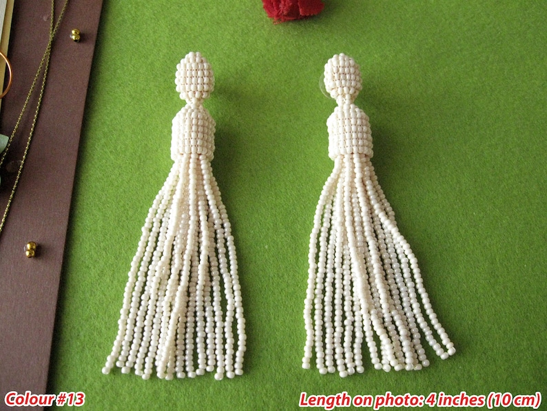 Beaded Ivory Tassel Earrings Studs/Clips, Ivory Earrings, Pearl Beaded Tassel, Ivory Tassel On Clips, Pearl Tassel, Ivory Beaded Tassel image 1