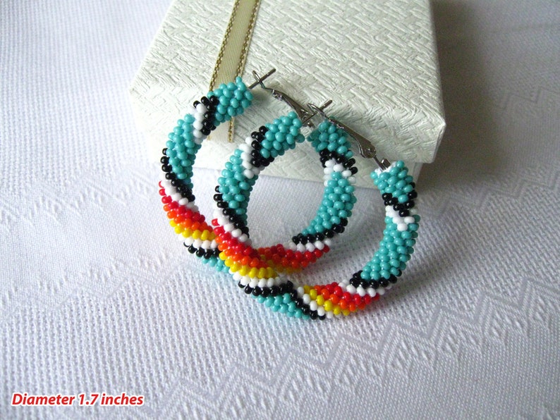 Beaded Turquoise Native American Style Hoop Earrings, Big Hoops, Peyote Hoop Earrings, Colorful Black Red White Big Ethnic Earrings image 4