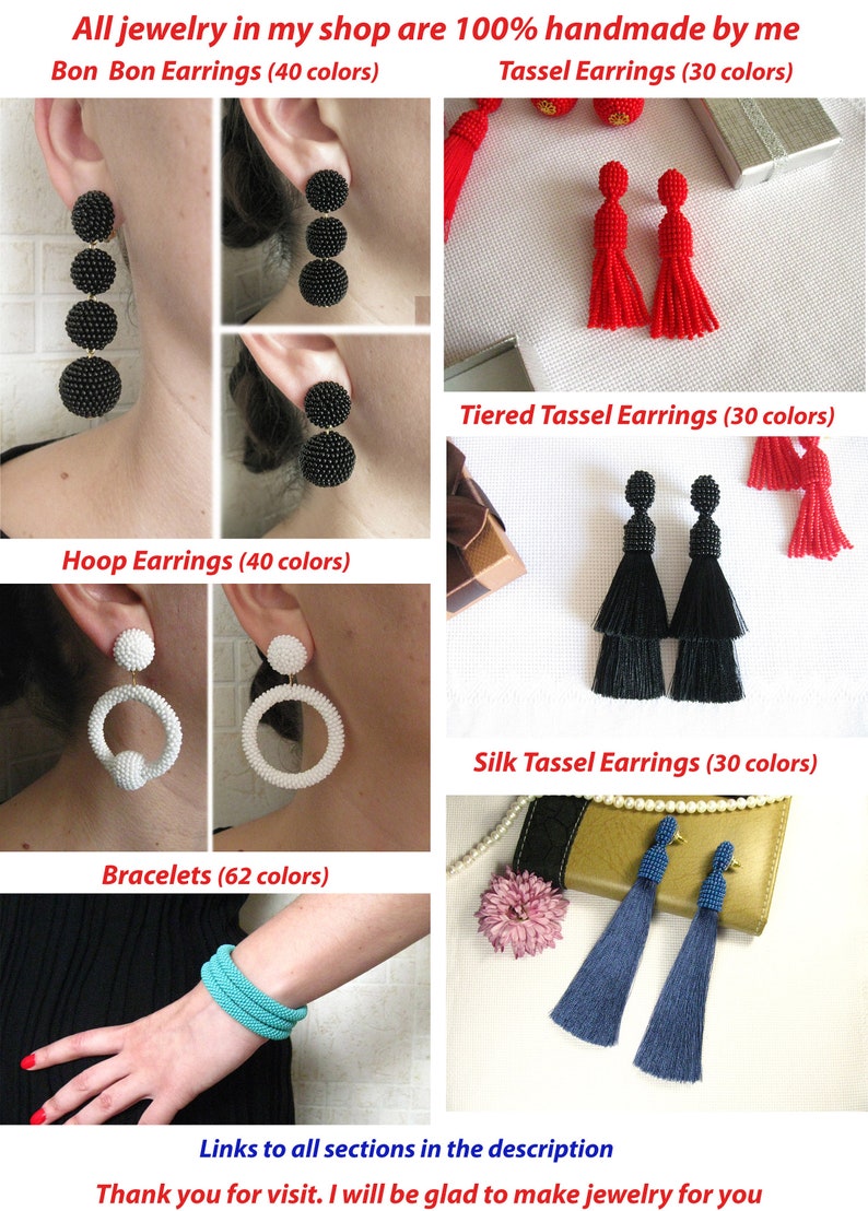 Black Bon Bon Earrings Clips, Studs, Beaded Balls Black Earrings, Seed Bead Balls Earrings, Balls Drop Earrings, Beaded Earrings image 10