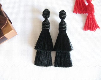 Tiered Silk Beaded Black Tassel Earrings Studs/Clips, Double Silk Tassel, Silk Black Tassel Earrings, Black Silk Tassel