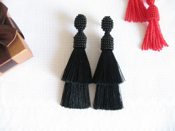 Tiered Silk Beaded Black Tassel Earrings Studs/Clips, Double Silk Tassel, Silk Black Tassel Earrings, Black Silk Tassel