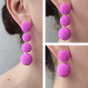Deep Pink Bon Bon Earrings Clips/Studs, Beaded Balls Fuchsia Earrings, Hot Pink Ball Drop Earrings, Round Bauble Earrings, Beaded Earrings image 1