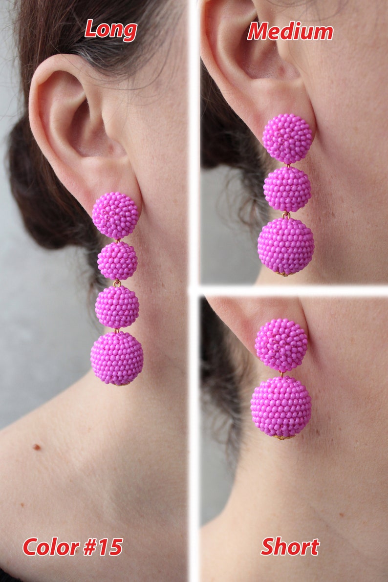 Deep Pink Bon Bon Earrings Clips/Studs, Beaded Balls Fuchsia Earrings, Hot Pink Ball Drop Earrings, Round Bauble Earrings, Beaded Earrings image 1