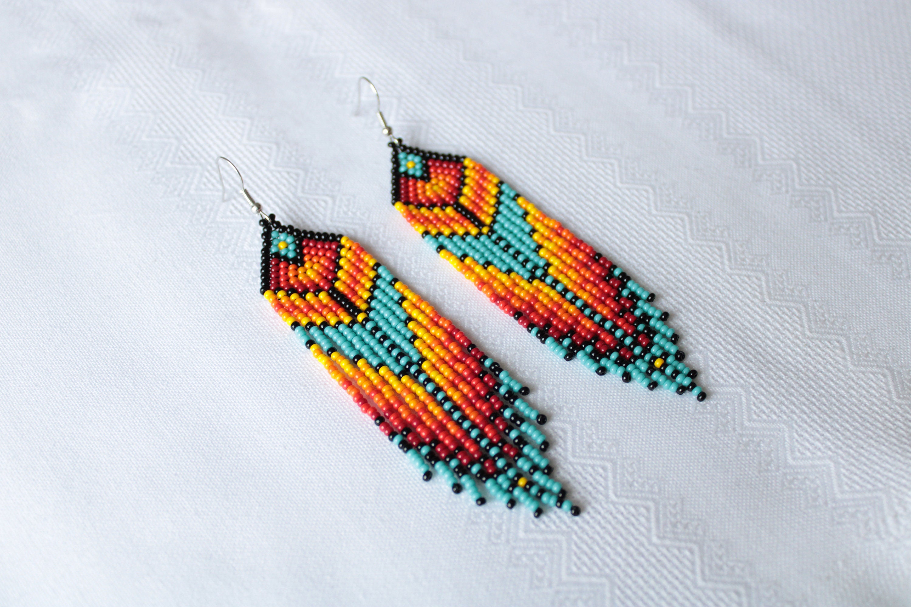 Long Turquoise Red Yellow Black Beaded Fringe Earrings - Etsy