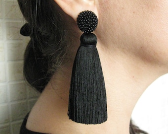 Thick Silk Black Tassel Earrings On Studs, Silk Black Beaded Thick Tassel Earrings, Massive Black Silk Tassel, Black Stud Earrings