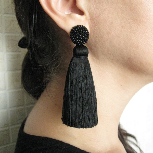 Thick Silk Black Tassel Earrings On Studs, Silk Black Beaded Thick Tassel Earrings, Massive Black Silk Tassel, Black Stud Earrings