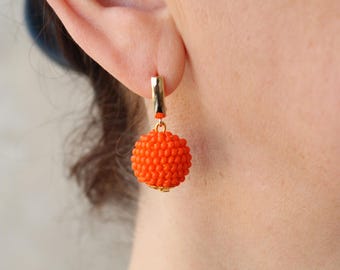Bright Orange One Ball Earrings, Beaded Mini Ball Drop Earrings, Seed Bead Boho Elegant Small Sphere  Round Jewelry