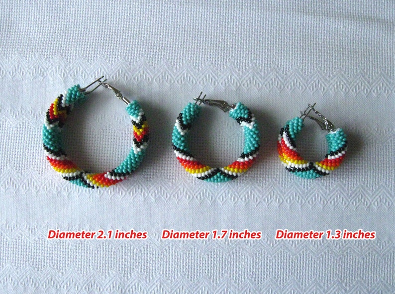 Beaded Turquoise Native American Style Hoop Earrings, Big Hoops, Peyote Hoop Earrings, Colorful Black Red White Big Ethnic Earrings image 9