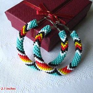Beaded Turquoise Native American Style Hoop Earrings, Big Hoops, Peyote Hoop Earrings, Colorful Black Red White Big Ethnic Earrings image 2