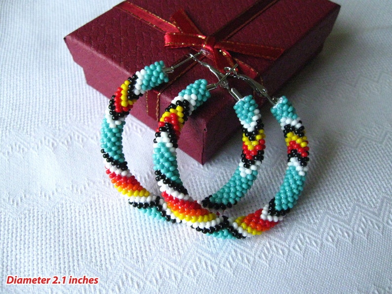 Beaded Turquoise Native American Style Hoop Earrings, Big Hoops, Peyote Hoop Earrings, Colorful Black Red White Big Ethnic Earrings image 2