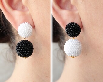 Black And White Bon Bon Earrings Clips/Studs, Beaded Balls White Black Earrings, Black White Round Earrings, Beaded Earrings