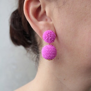 Deep Pink Bon Bon Earrings Clips/Studs, Beaded Balls Fuchsia Earrings, Hot Pink Ball Drop Earrings, Round Bauble Earrings, Beaded Earrings image 3