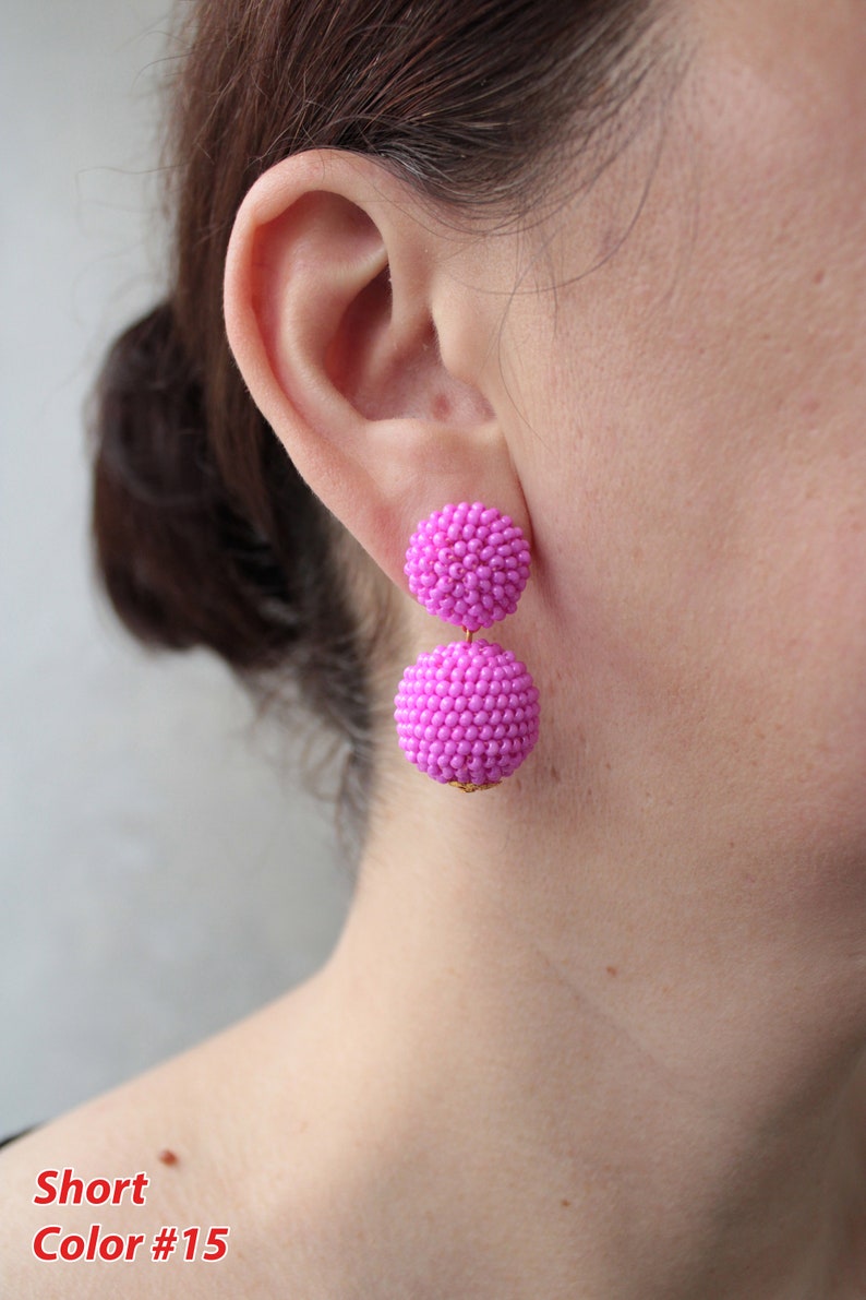 Deep Pink Bon Bon Earrings Clips/Studs, Beaded Balls Fuchsia Earrings, Hot Pink Ball Drop Earrings, Round Bauble Earrings, Beaded Earrings image 3