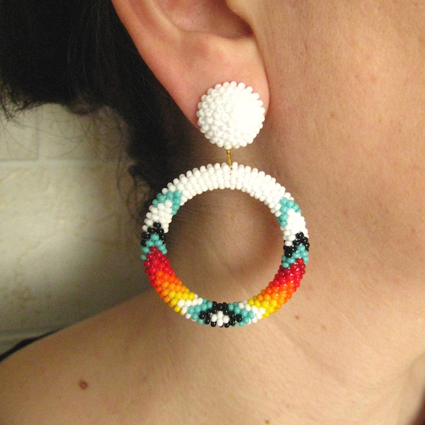 Native American White Hoop Earrings Studs, Clips, Beaded Big Hoops, Peyote Hoop Earrings, Colorful White Red Yellow Turquoise Earring