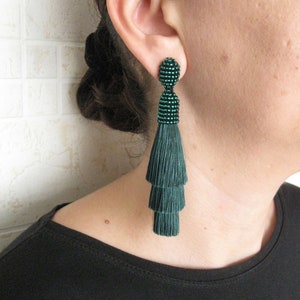 Tiered Silk Beaded Emerald Tassel Earrings Studs/Clips, Tier Silk Tassel, Emerald Silk Tassel Earrings, Silk Emerald Tassel Earrings