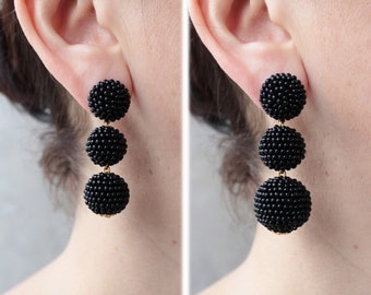 Small Black Bon Bon Earrings Studs Clips, Beaded Balls Black Mini Earrings, Seed Bead 2 Balls Earrings, Balls Drop Earrings, Beaded Earrings