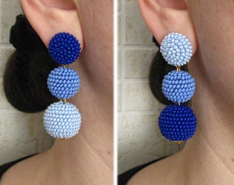 Blue Bon Bon Earrings, Beaded Balls Blue Shades Earrings, Blue Ombre Balls Drop Earrings, Multicolor Blue Round Earrings, Beaded Earrings