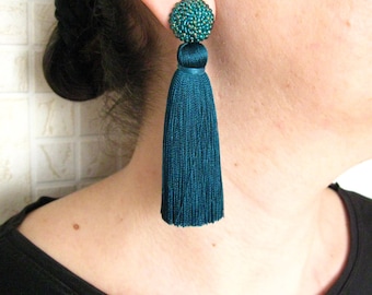 Thick Silk Teal Tassel Earrings On Studs, Silk Teal Beaded Thick Tassel Earrings, Massive Teal Silk Tassel, Teal Stud Earrings