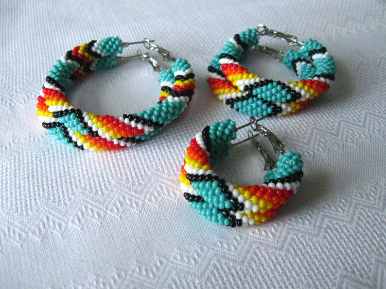 Beaded Turquoise Native American Style Hoop Earrings, Big Hoops, Peyote Hoop Earrings, Colorful Black Red White Big Ethnic Earrings image 8