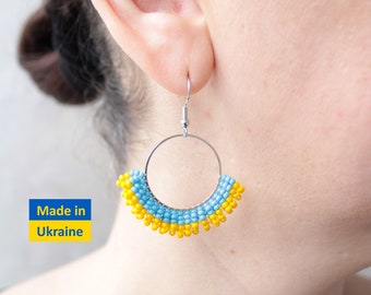 Blue Yellow Fringe Hoop Earrings, Short Beaded Ukrainian Flag Colors Earrings, Bright Loop Hoops, Small Round Earrings