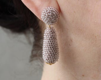 Light Beige Teardrop Earrings Clips, Studs, Transparent Coffee Tear Drop Beaded Earrings, Long Ivory Seed Bead Dangly Pear Earrings