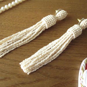 Beaded Ivory Tassel Earrings Studs/Clips, Ivory Earrings, Pearl Beaded Tassel, Ivory Tassel On Clips, Pearl Tassel, Ivory Beaded Tassel image 5