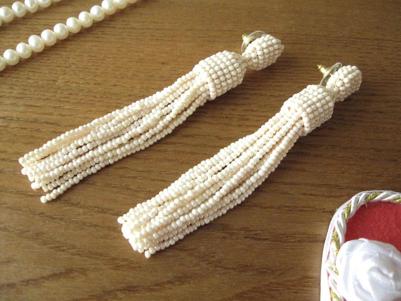 Beaded Ivory Tassel Earrings Studs/Clips, Ivory Earrings, Pearl Beaded Tassel, Ivory Tassel On Clips, Pearl Tassel, Ivory Beaded Tassel image 5