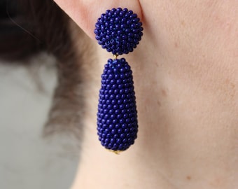 Dark Blue Teardrop Earrings Clips, Studs, Tear Drop Cobalt Blue Beaded Earrings, Long Seed Bead Dangly Earrings, Pear Drop Oval Earrings