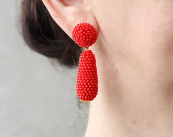 Red Teardrop Earrings Clips, Studs, Tear Drop Red Beaded Earrings, Long Seed Bead Bright Dangly Earrings, Pear Drop Earrings, Red Bon Bon