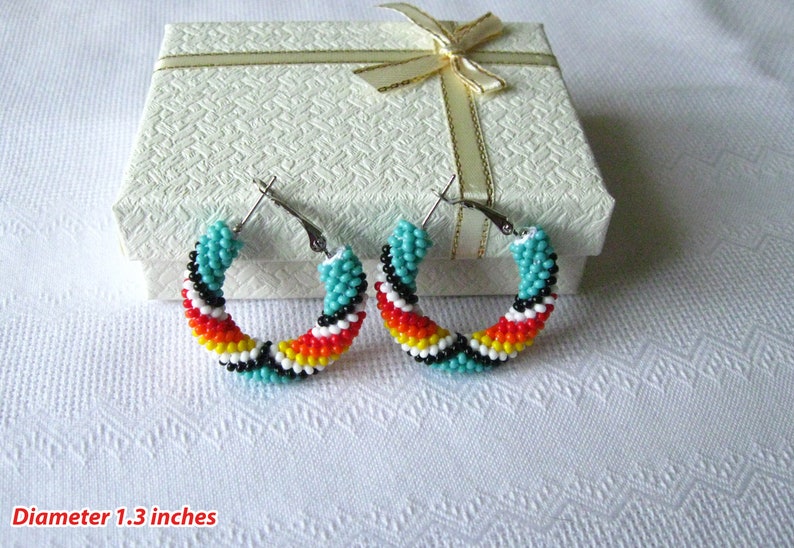 Beaded Turquoise Native American Style Hoop Earrings, Big Hoops, Peyote Hoop Earrings, Colorful Black Red White Big Ethnic Earrings image 6