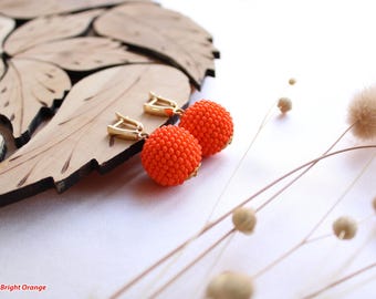 Bright Orange One Ball Earrings, Beaded Mini Ball Drop Earrings, Seed Bead Boho Elegant Small Sphere  Round Jewelry