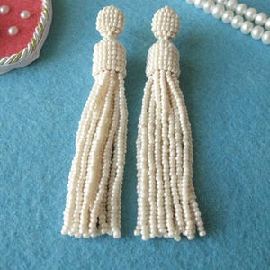 Beaded Ivory Tassel Earrings Studs/Clips, Ivory Earrings, Pearl Beaded Tassel, Ivory Tassel On Clips, Pearl Tassel, Ivory Beaded Tassel image 3