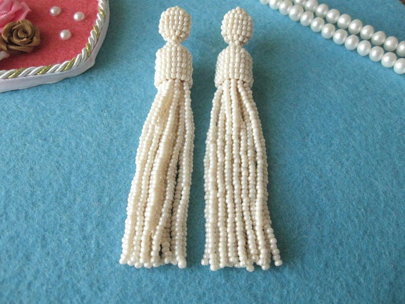 Beaded Ivory Tassel Earrings Studs/Clips, Ivory Earrings, Pearl Beaded Tassel, Ivory Tassel On Clips, Pearl Tassel, Ivory Beaded Tassel image 3