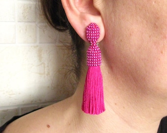 Silk Fuchsia Tassel Earrings on Studs/Clips, Beaded Fuchsia Silk Tassel Earrings, Pink Silk Tassel, Fuchsia Earrings With Silk Tassel
