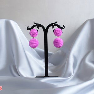 Deep Pink Bon Bon Earrings Clips/Studs, Beaded Balls Fuchsia Earrings, Hot Pink Ball Drop Earrings, Round Bauble Earrings, Beaded Earrings image 4