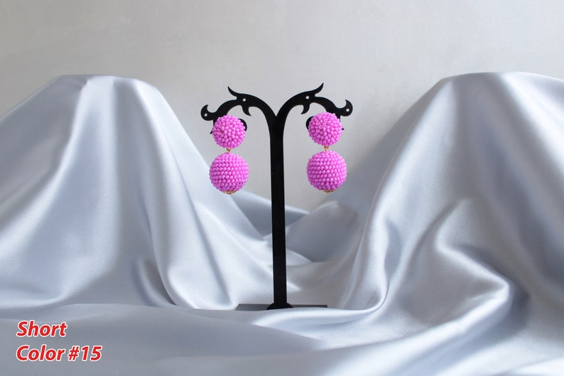 Deep Pink Bon Bon Earrings Clips/Studs, Beaded Balls Fuchsia Earrings, Hot Pink Ball Drop Earrings, Round Bauble Earrings, Beaded Earrings image 4