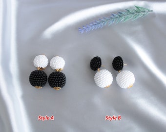 Black And White Bon Bon Earrings Clips/Studs, Beaded Balls White Black Earrings, Black White Round Earrings, Beaded Earrings