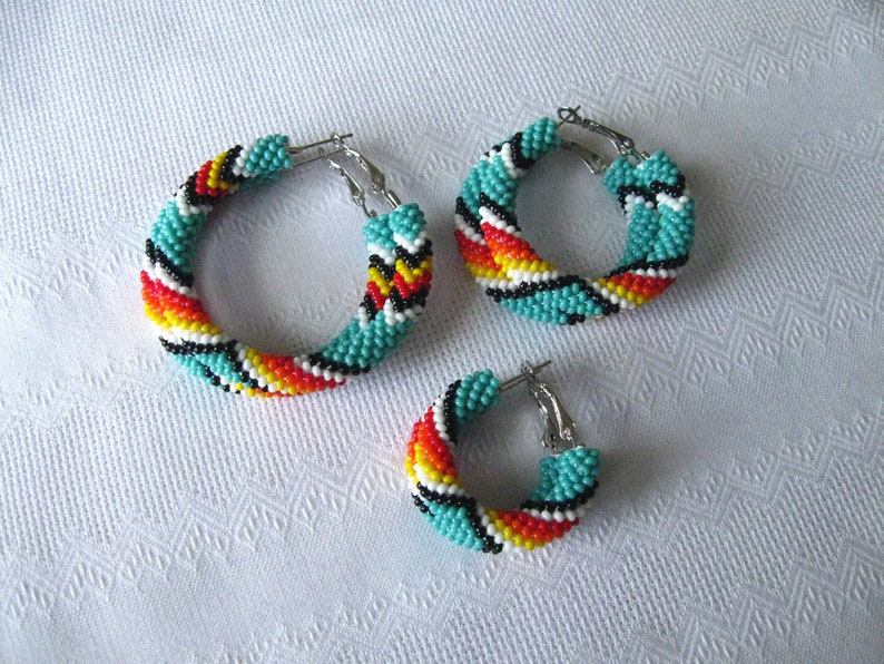 Beaded Turquoise Native American Style Hoop Earrings, Big Hoops, Peyote Hoop Earrings, Colorful Black Red White Big Ethnic Earrings image 7