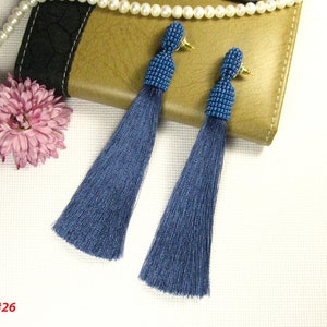 Silk Blue Tassel Earrings on Studs/Clips, Beaded Blue Silk Tassel Earrings, Silk Tassel Earrings Blue, Blue Silk Tassel, Blue Beaded Tassel