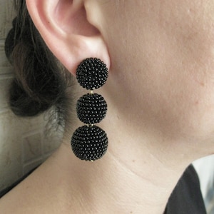 Black Bon Bon Earrings Clips, Studs, Beaded Balls Black Earrings, Seed Bead Balls Earrings, Balls Drop Earrings, Beaded Earrings image 4