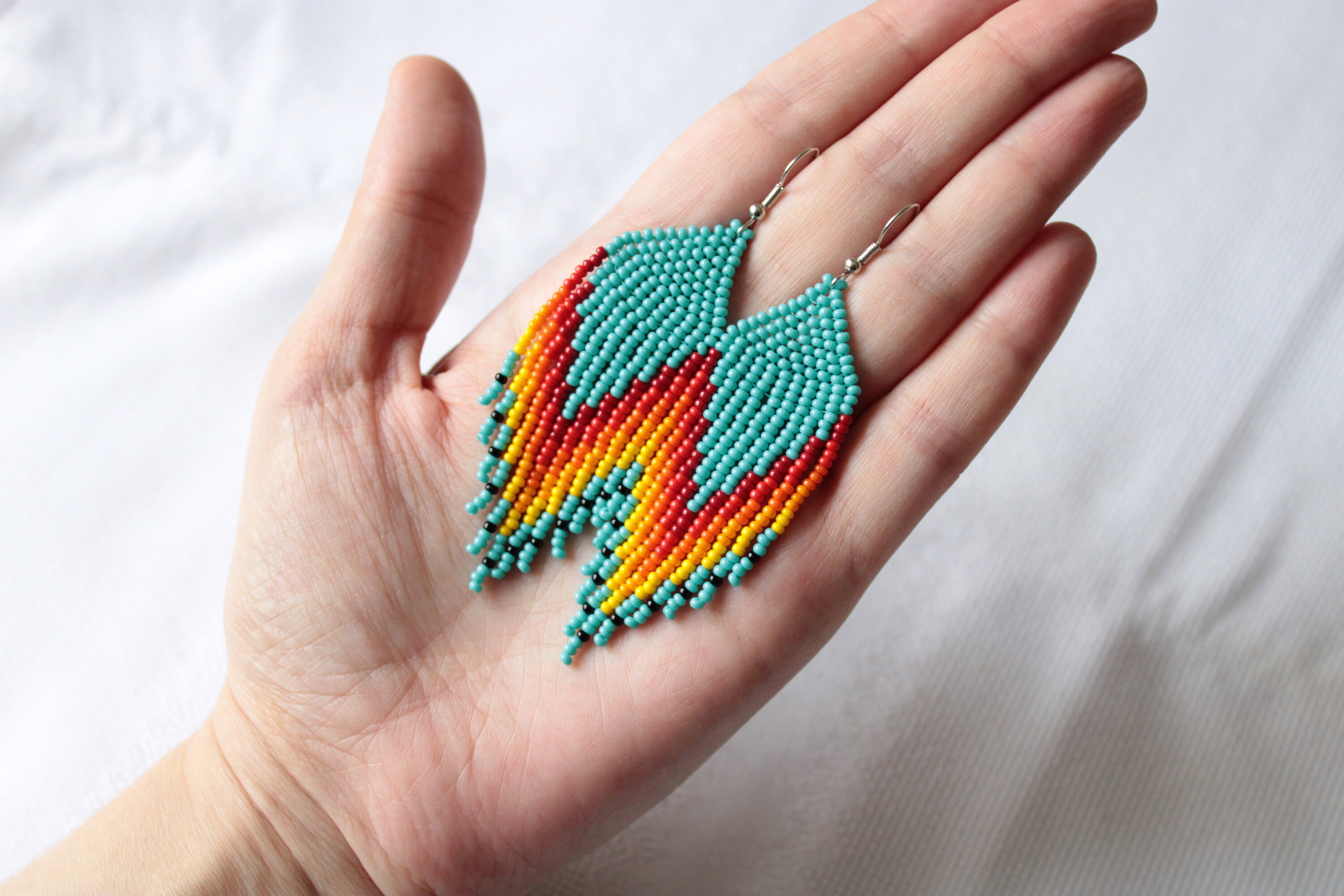 Turquoise Dark Red Yellow Beaded Fringe Earrings Southern - Etsy